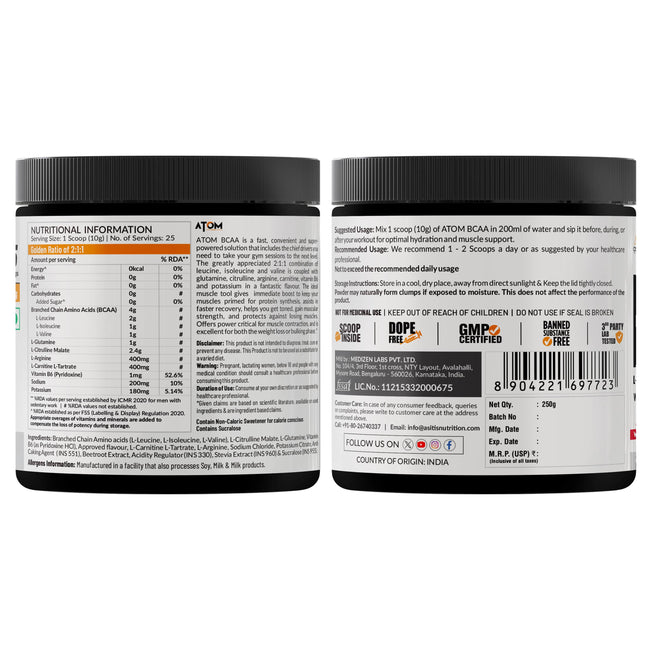 AS-IT-IS ATOM BCAA 250g with L-arginine, L-Carnitine, L-Citrulline