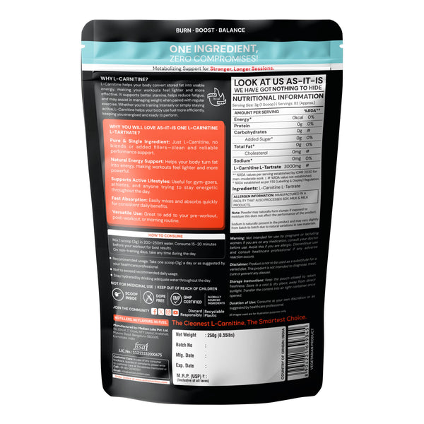 AS-IT-IS Nutrition Pure L-Carnitine L-Tartarate Powder, Amino Acid for Energy & Performance