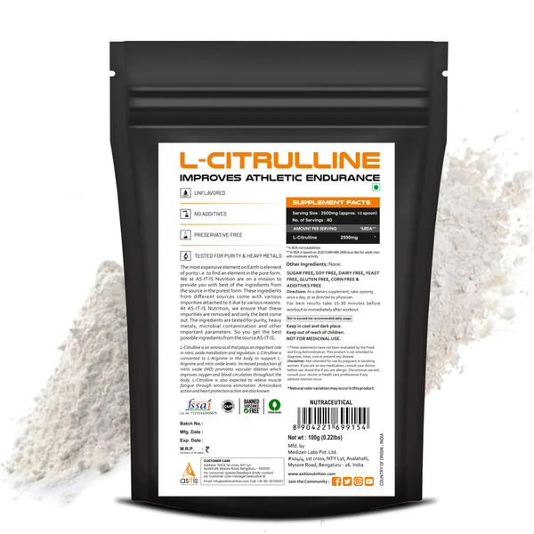 AS-IT-IS Nutrition Pure L-Citrulline Powder, Boosts Nitric oxide & Muscle growth