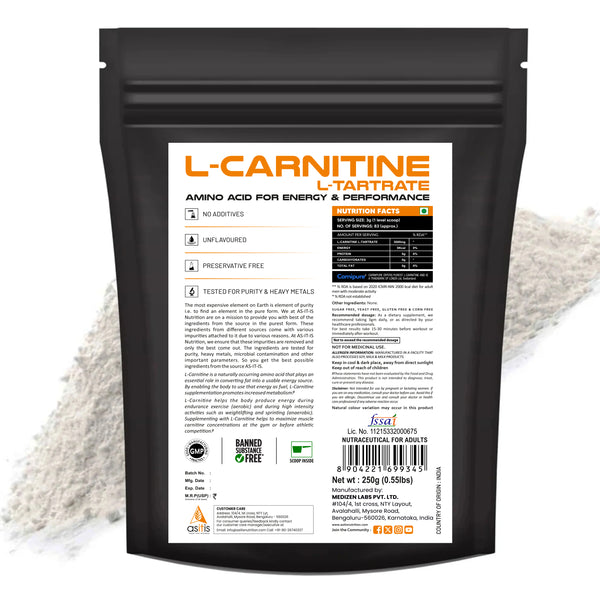 AS-IT-IS Nutrition Pure L-Carnitine L-Tartarate Powder, Amino Acid for Energy & Performance