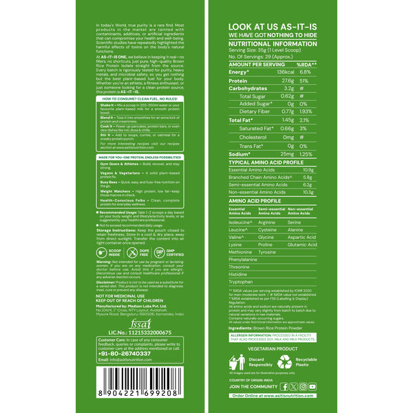 AS-IT-IS Nutrition Brown Rice Protein 80% | Designed as Meal supplement | Lab Tested | Unflavoured