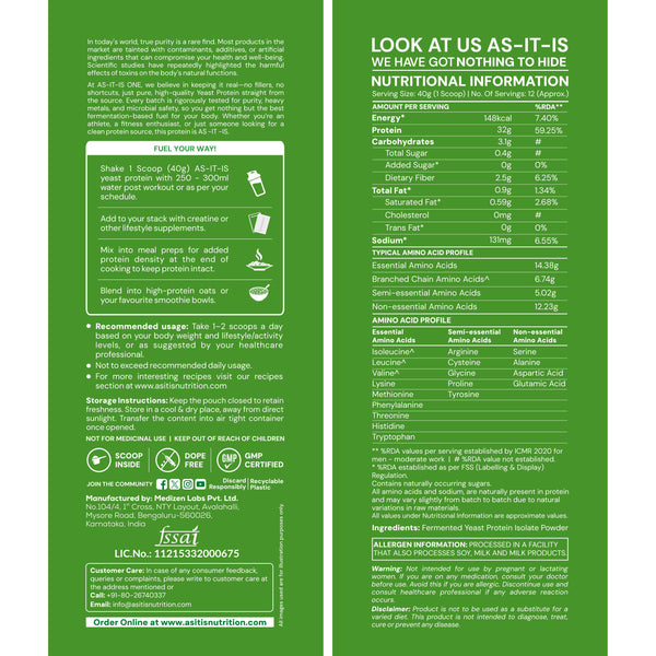 AS-IT-IS One Fermented Yeast Protein - Unflavoured, Unsweetened, 500g