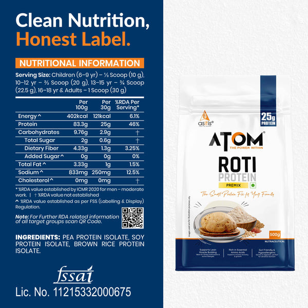 AS-IT-IS ATOM Roti Protein | Make Roti’s Protein Rich | Easy to use | 25g Protein per Serving