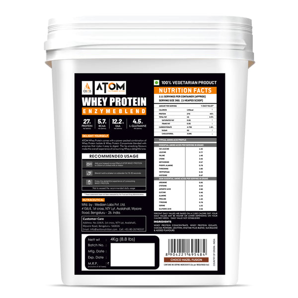 atom whey protein 4kg container