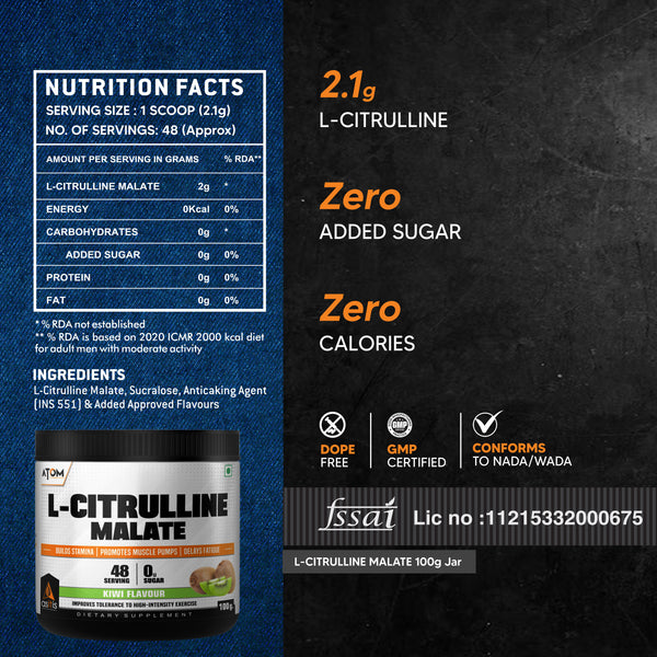 ATOM L Citrulline Malate | 0 Sugar | Improves Tolerance to High-Intensity Exercise | Builds Stamina |