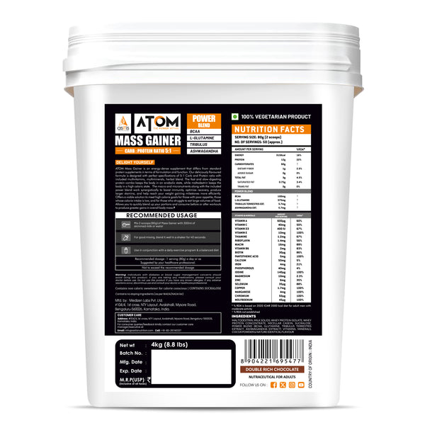 AS-IT-IS ATOM Mass Gainer | 5:1 Carb-Protein Ratio | Powered with BCAA, L-Glutamine, Tribulus, Ashwagandha