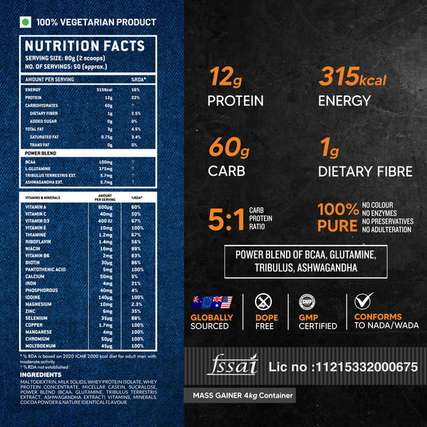 AS-IT-IS ATOM Mass Gainer | 5:1 Carb-Protein Ratio | Powered with BCAA, L-Glutamine, Tribulus, Ashwagandha