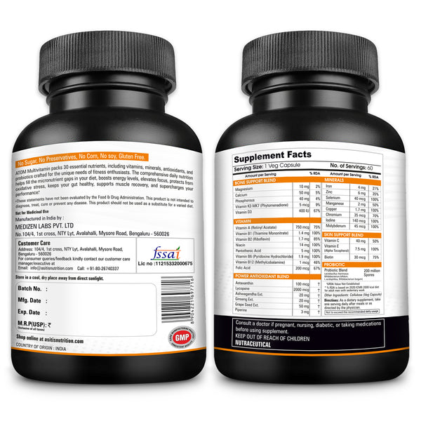 AS-IT-IS ATOM Multivitamin for Men & Women - 60 capsules | 31 Vital Nutrients | Designed as per RDA | Supports Bone & Skin Health | Powerful Antioxidant | With Probiotic Blend