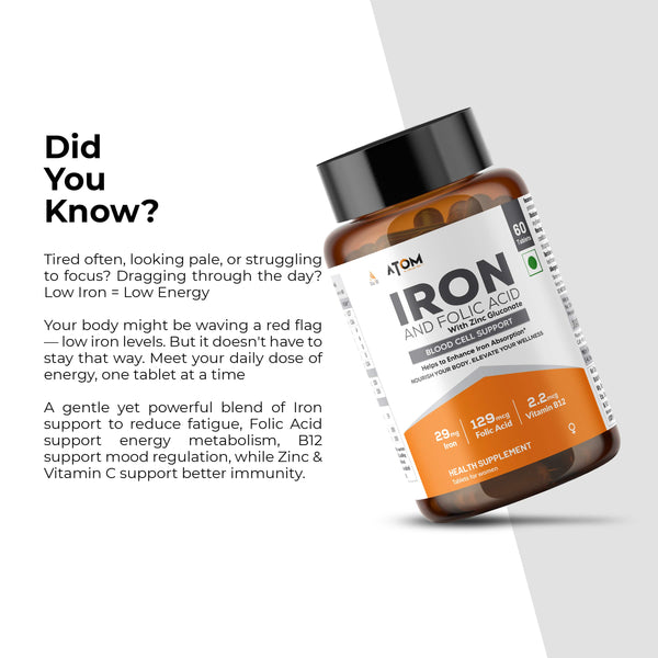 ATOM Iron & Folic Acid with Zinc | Vitamin C & B12 | 60 Veg Tablets