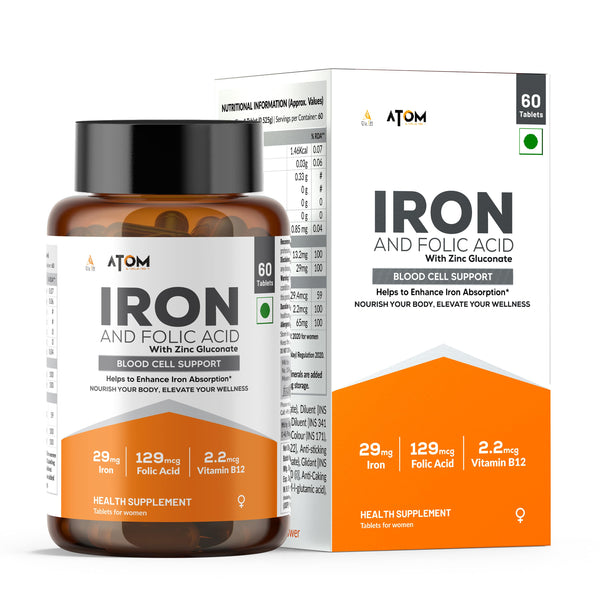 ATOM Iron & Folic Acid with Zinc | Vitamin C & B12 | 60 Veg Tablets