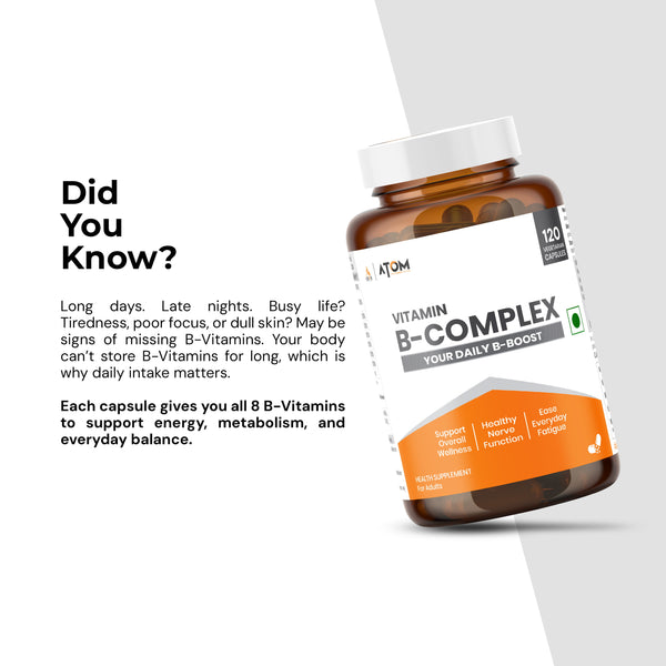 ATOM Vitamin B Complex 100% RDA for all B Vitamins - 120 Capsules