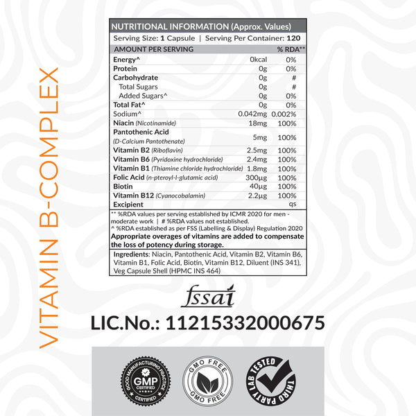 ATOM Vitamin B Complex 100% RDA for all B Vitamins - 120 Capsules