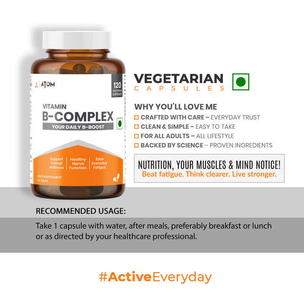 ATOM Vitamin B Complex 100% RDA for all B Vitamins - 120 Capsules