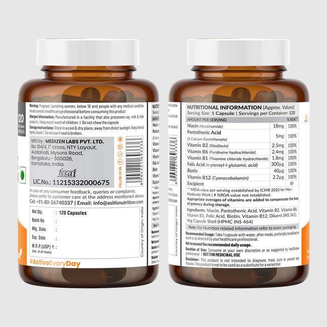 ATOM Vitamin B Complex 100% RDA for all B Vitamins - 120 Capsules