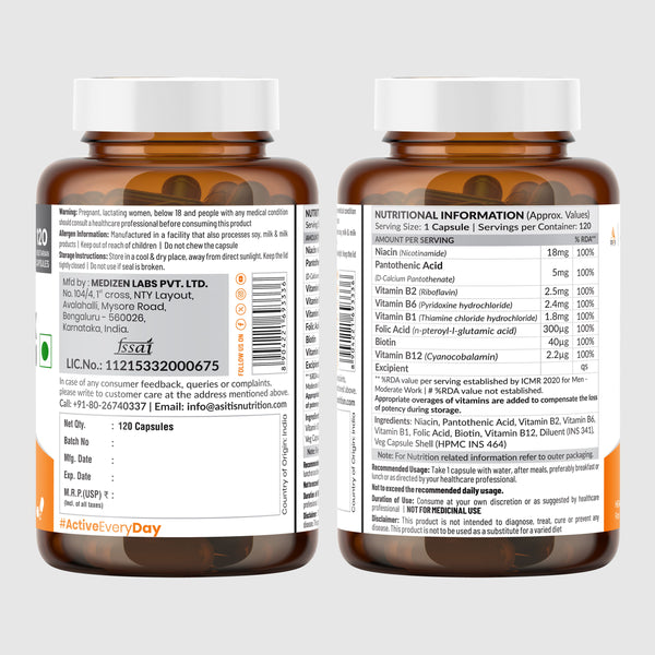 ATOM Vitamin B Complex 100% RDA for all B Vitamins - 120 Capsules