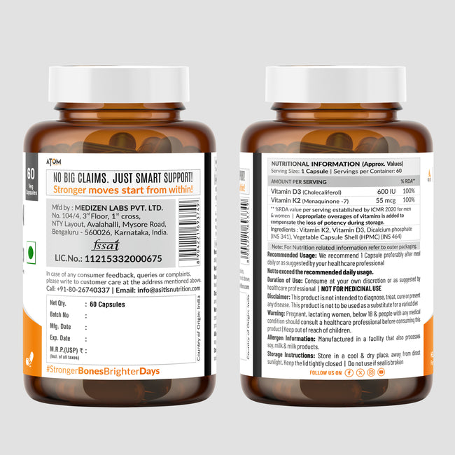 ATOM Vitamin D3 & K2 (MK-7) I 60 Veg Capsules