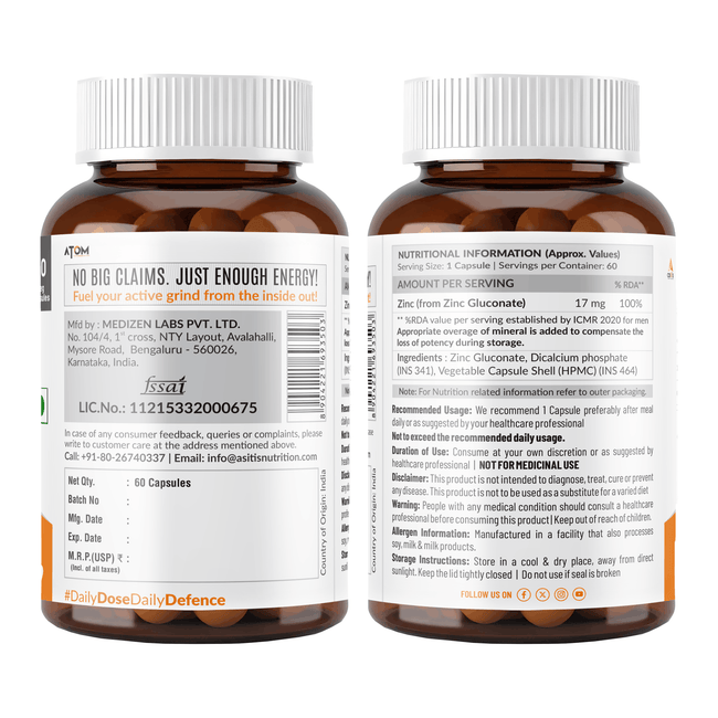ATOM Zinc Gluconate 118mg I 17mg Elemental Zinc I 60 Veg Capsules