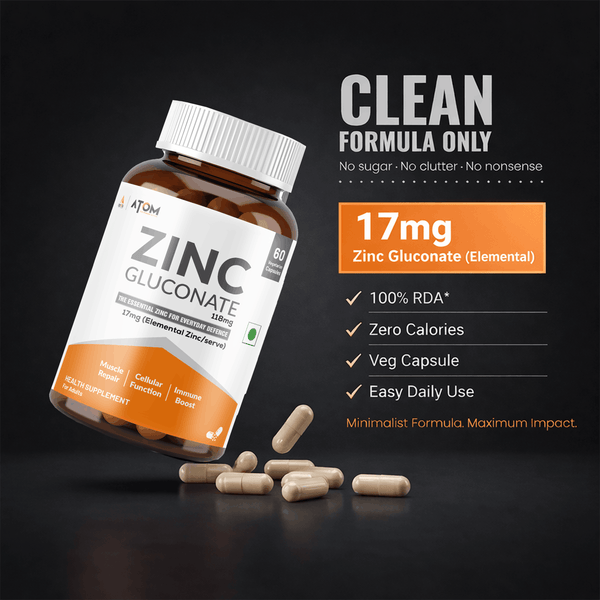 ATOM Zinc Gluconate 118mg I 17mg Elemental Zinc I 60 Veg Capsules