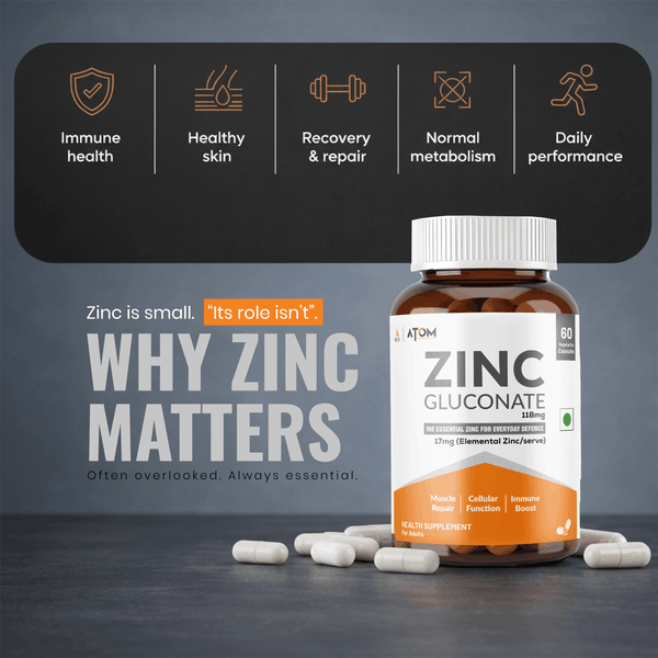 ATOM Zinc Gluconate 118mg I 17mg Elemental Zinc I 60 Veg Capsules