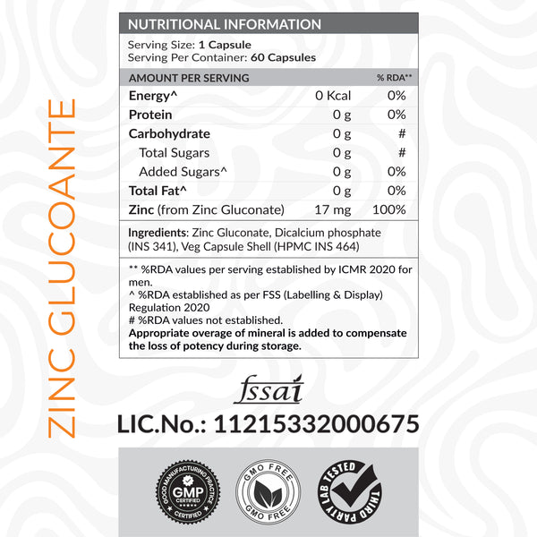 ATOM Zinc Gluconate 118mg I 17mg Elemental Zinc I 60 Veg Capsules