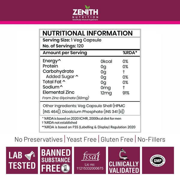 Zenith Nutrition Zinc Glycinate 12 mg 120 caps