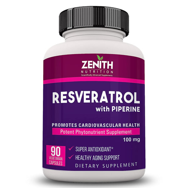 Zenith Nutrition Resveratrol with Piperine  - 90 Veg Capsules | Super Antioxidant | Promotes Cardiovascular Health