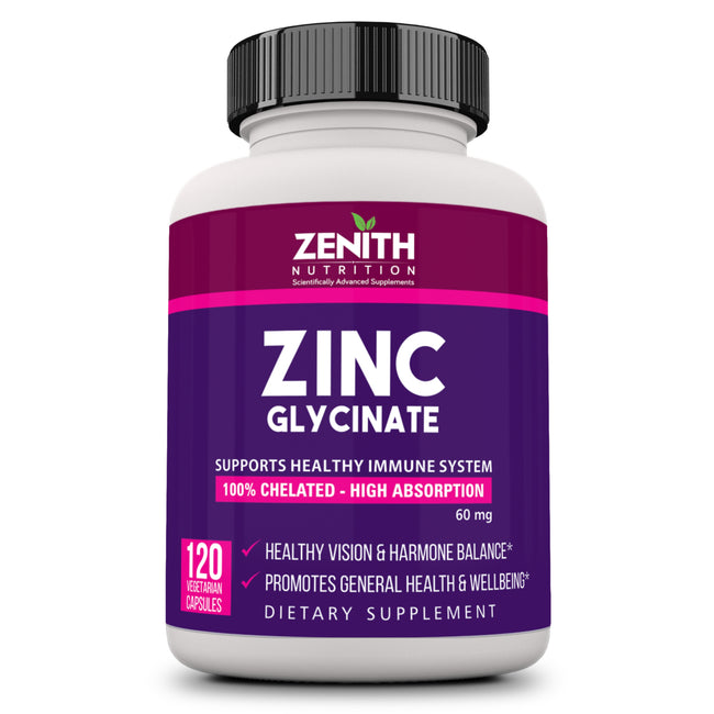 Zenith Nutrition High Absorption Chelated Zinc Glycinate 60mg - 120 Veg capsules | Boosts Immunity | For General Wellbeing