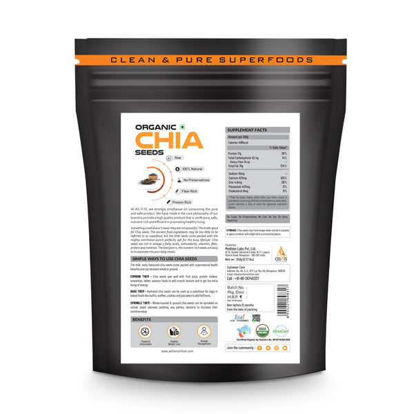 AS-IT-IS Organic Chia Seeds - 350g | Vegan Source of Protein | Antioxidant-Rich | High In Fibre