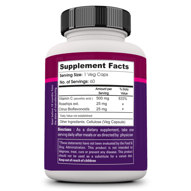 Zenith Nutrition Vitamin C with Rosehips & Citrus Bioflavonoids, 500mg - 60 Veg caps