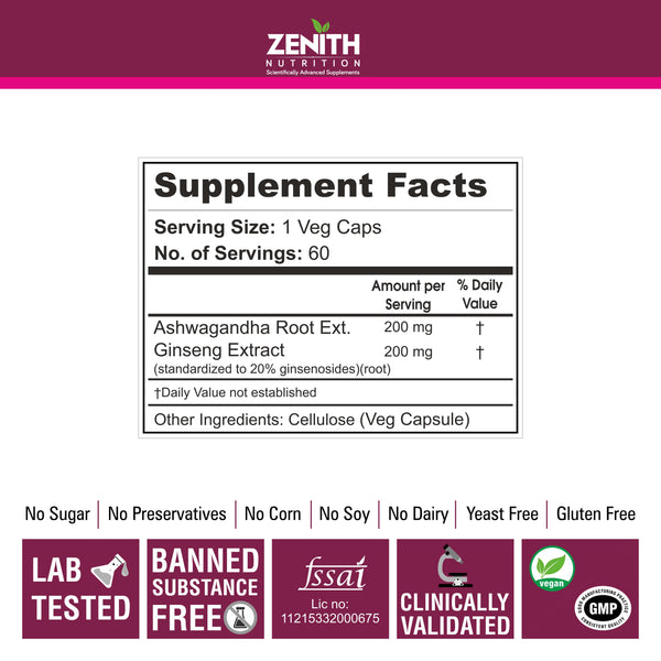 Zenith Nutrition Ginseng With Ashwagandha - 60 Veg caps