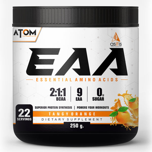 AS-IT-IS ATOM EAA (Essential Amino Acids) 100g | 2:1:1 BCAA Ratio | 9.6g EAA | Zero Added Sugar | 9 Servings | Tangy Orange Flavor