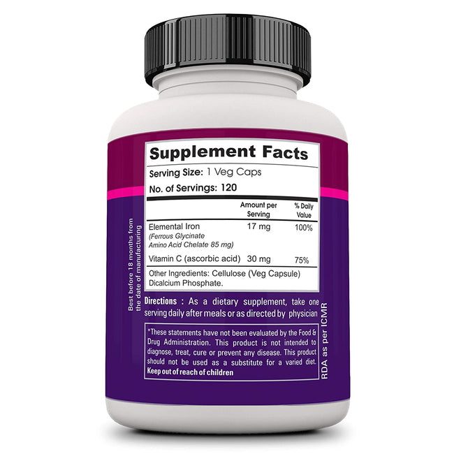 High Absorption Chelated Iron & Vitamin C - 120 Veg capsules | Boosts Immunity | Easier of Stomach